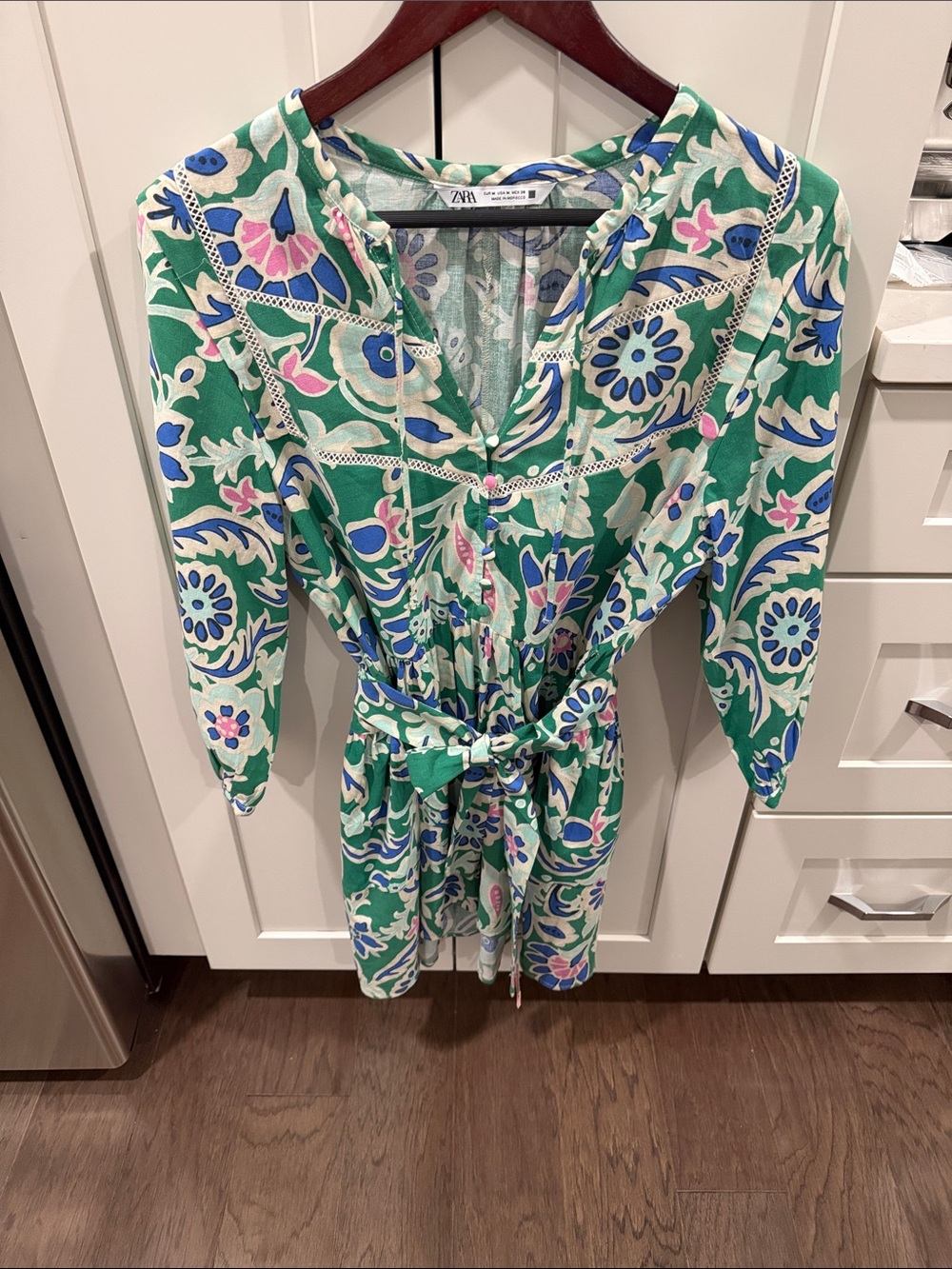 Zara Green Floral Dress with Blue and Pink Accents